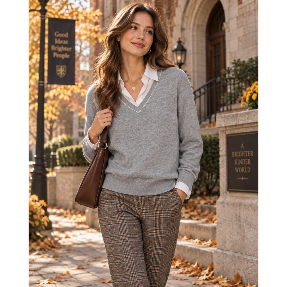 Banana Republic Womens Gray Stretch Cotton V-Neck Sweater Contrast Trim Small
